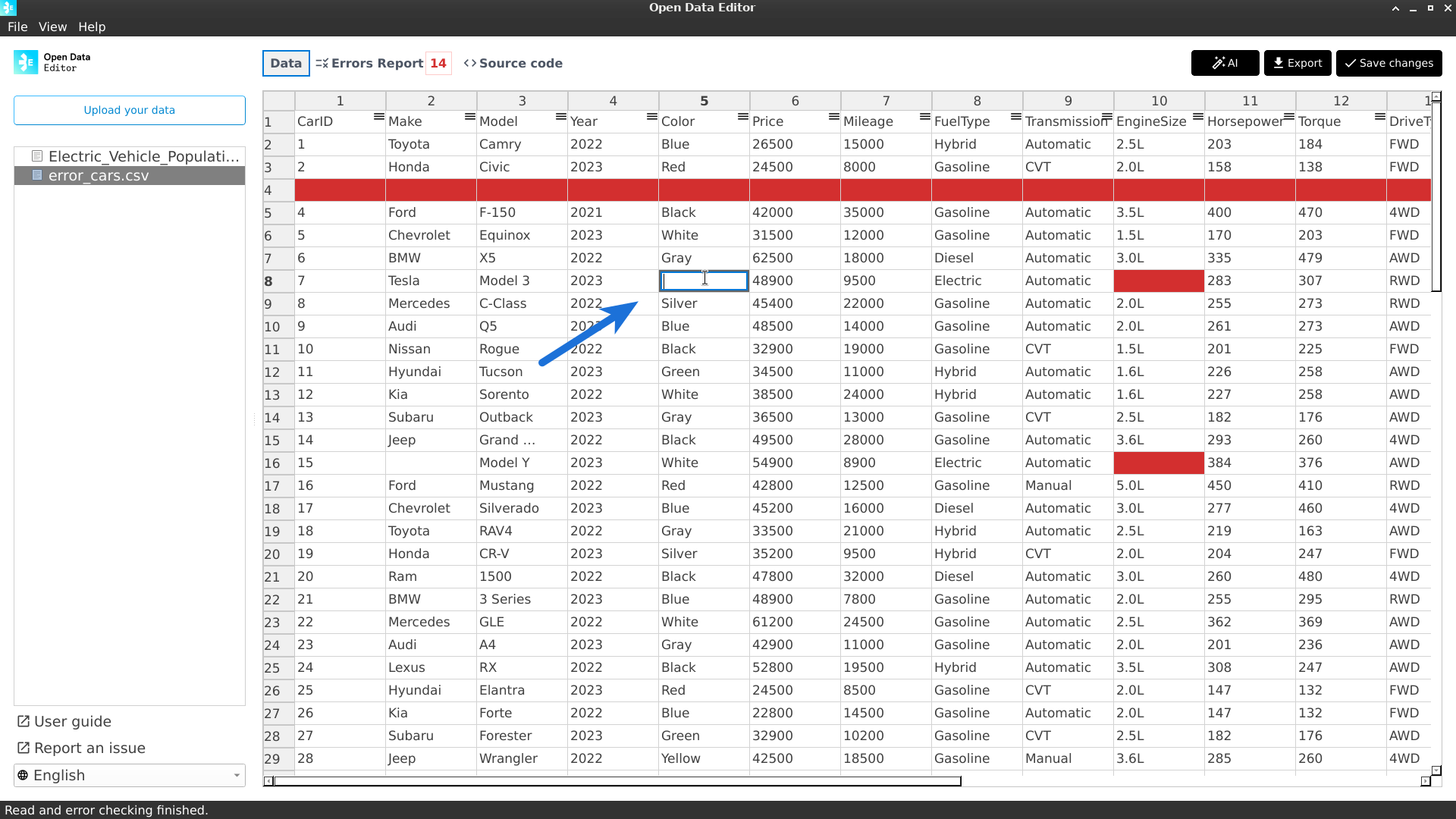 Edit cell with errors